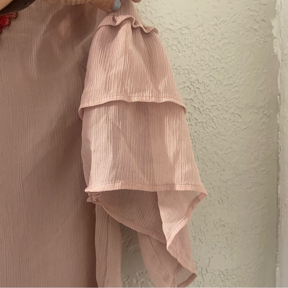 Charlotte‎ Russe Blush Pink Sheer Blouse with Red Floral Detail Size Medium - Picture 3 of 8